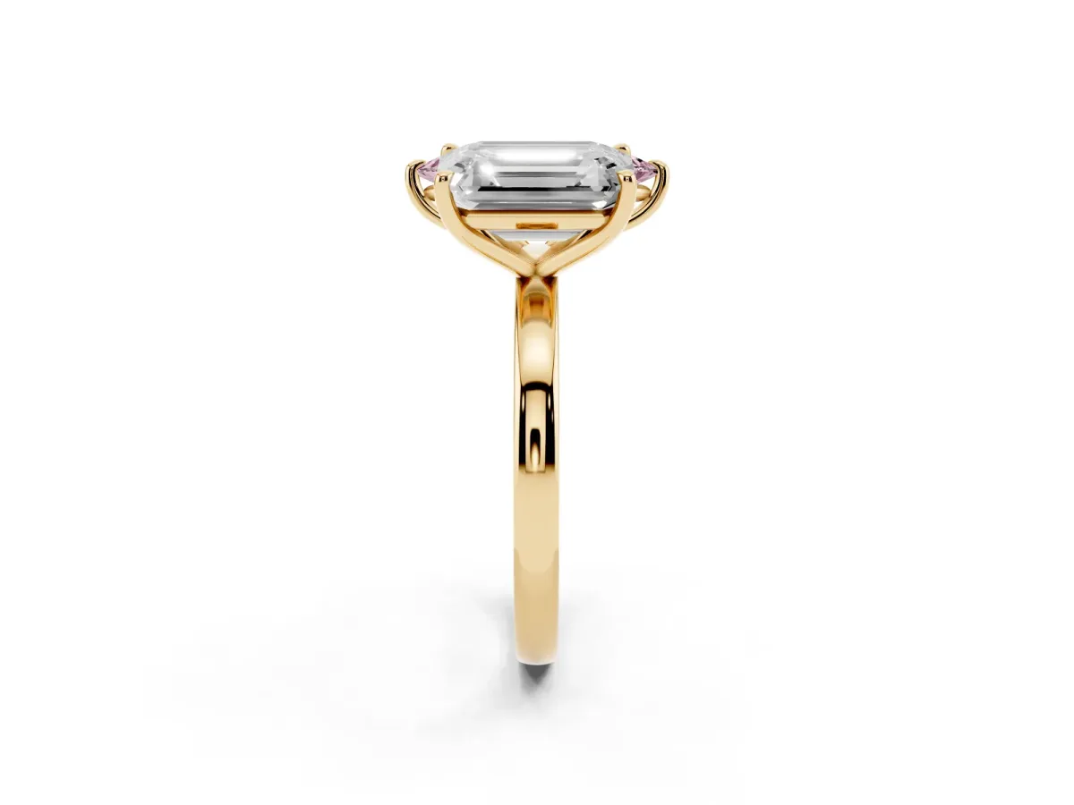 Fancy Pink Marquise Cut and Emerald Cut Toi Moi Ring with Prong Setting Yellow gold