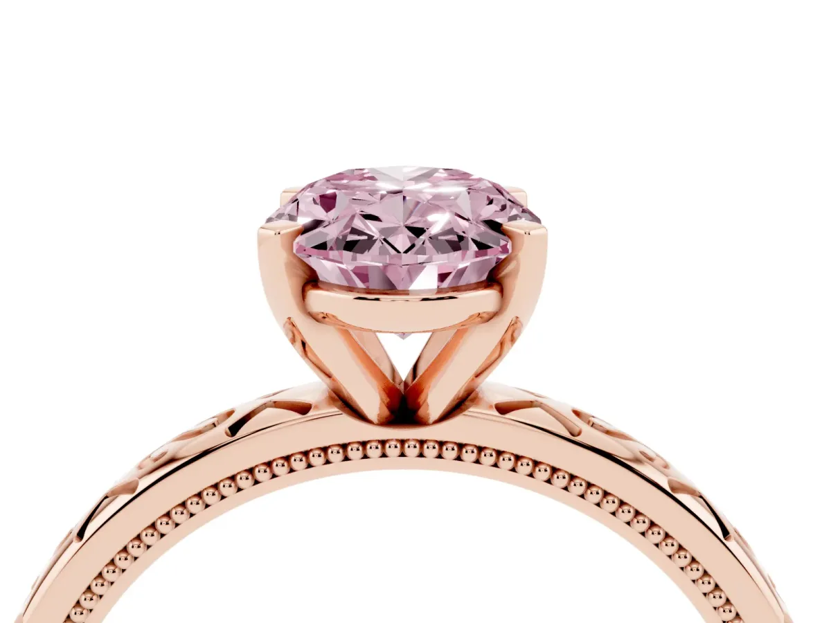 Fancy Pink Oval Cut Solitaire Engagement Ring with Scrollwork Band and Four-Prong Setting Rose gold