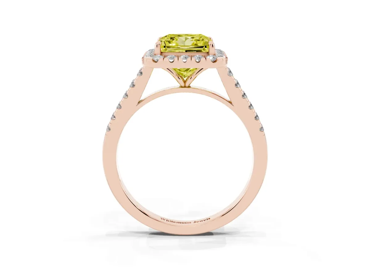 Fancy Yellow Princess Cut Halo Pave Diamond Engagement Ring with Four-Prong Setting Rose gold