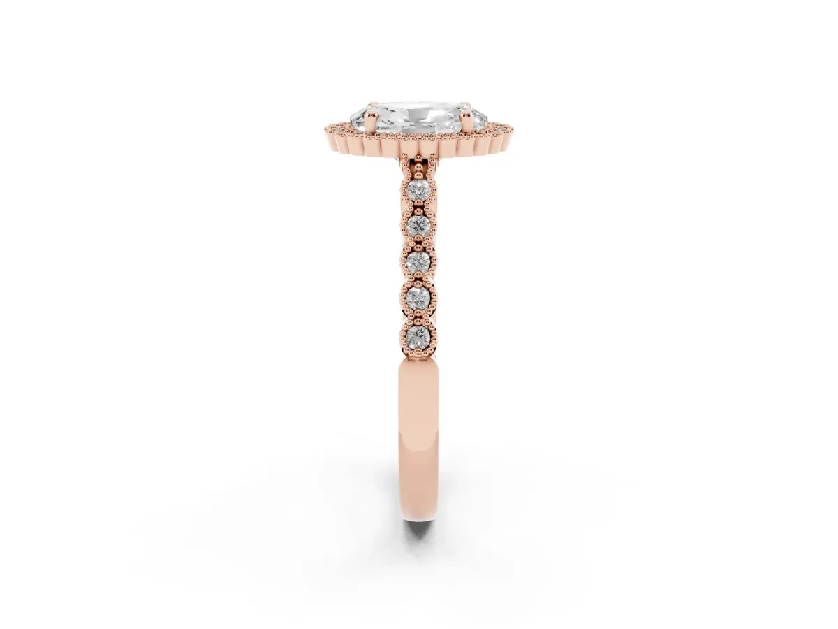 Oval Cut Cut Halo Pavé Solitaire Ring with Milgrain Band Rose gold