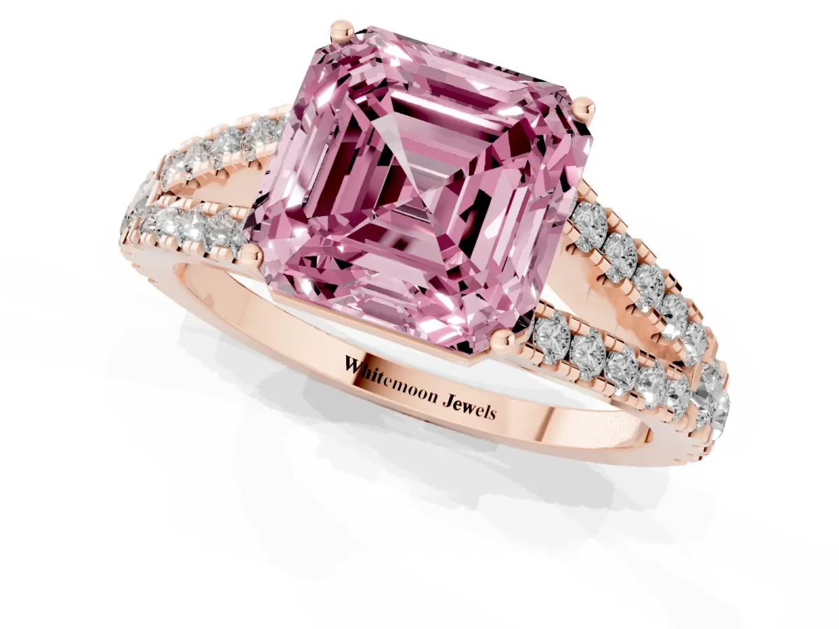 Fancy Pink Asscher Cut Diamond Split Shank Engagement Ring with Round Pavé and Prong Setting Rose gold