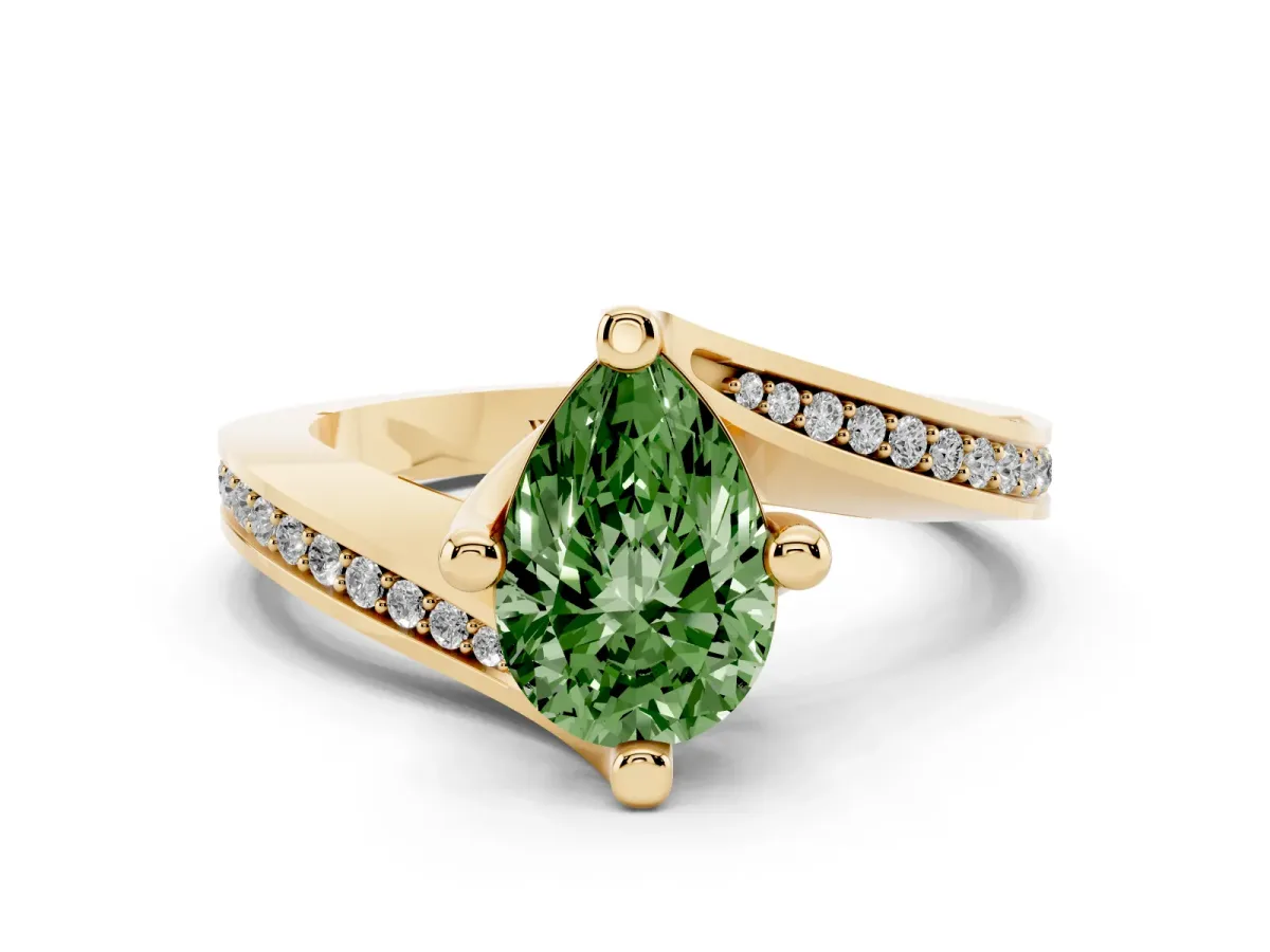 Fancy Green Pear Cut Solitaire Diamond Twist Band with Pavé Setting and Four-Prong Setting Yellow gold