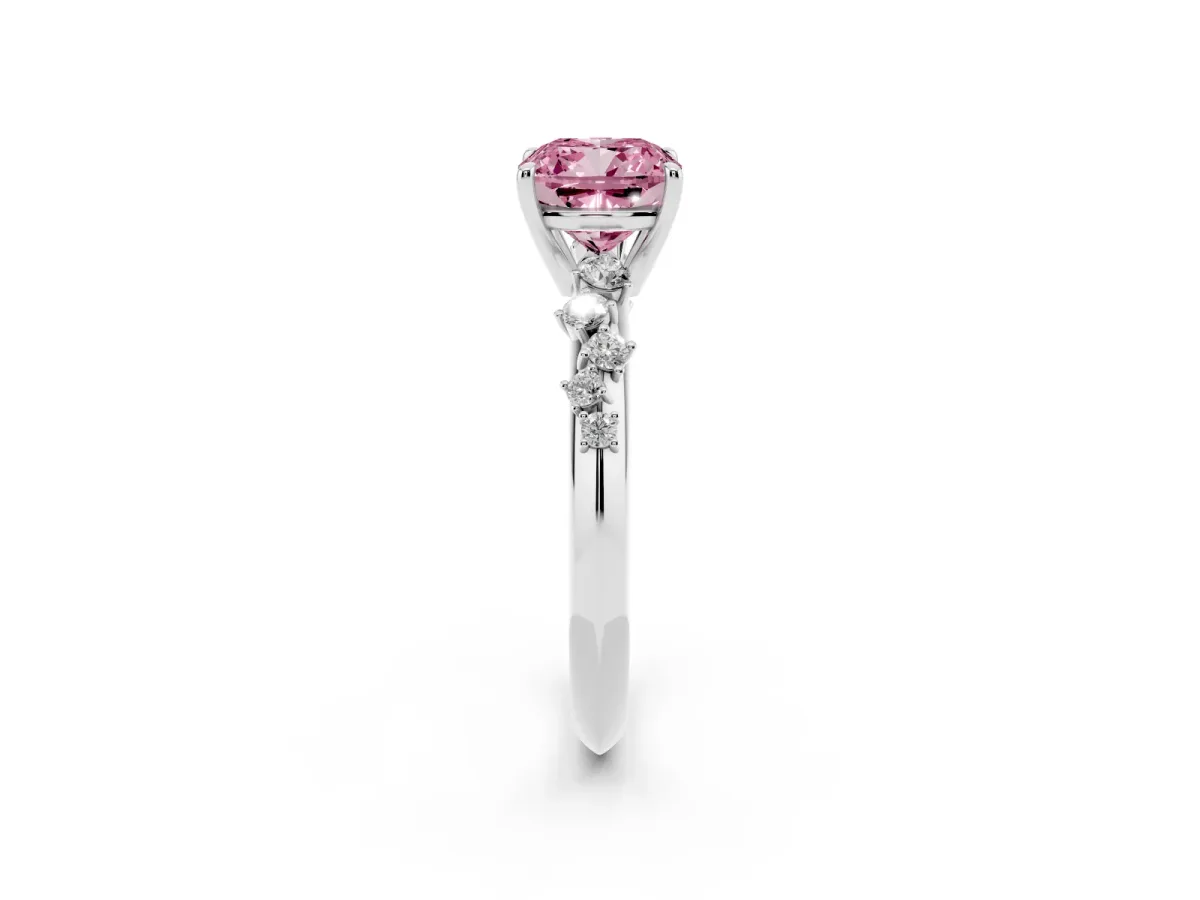 Fancy Pink Cushion Cut Diamond Cluster Side Stone Solitaire Ring with Prong Setting White gold