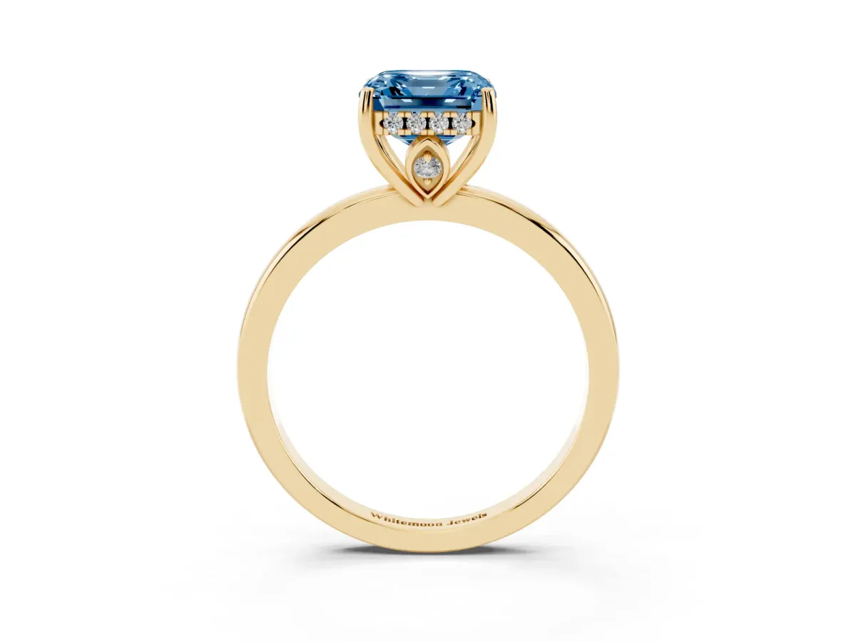 Fancy Blue Asscher Cut Solitaire Diamond Ring with Prong Setting and Plain Band Yellow gold