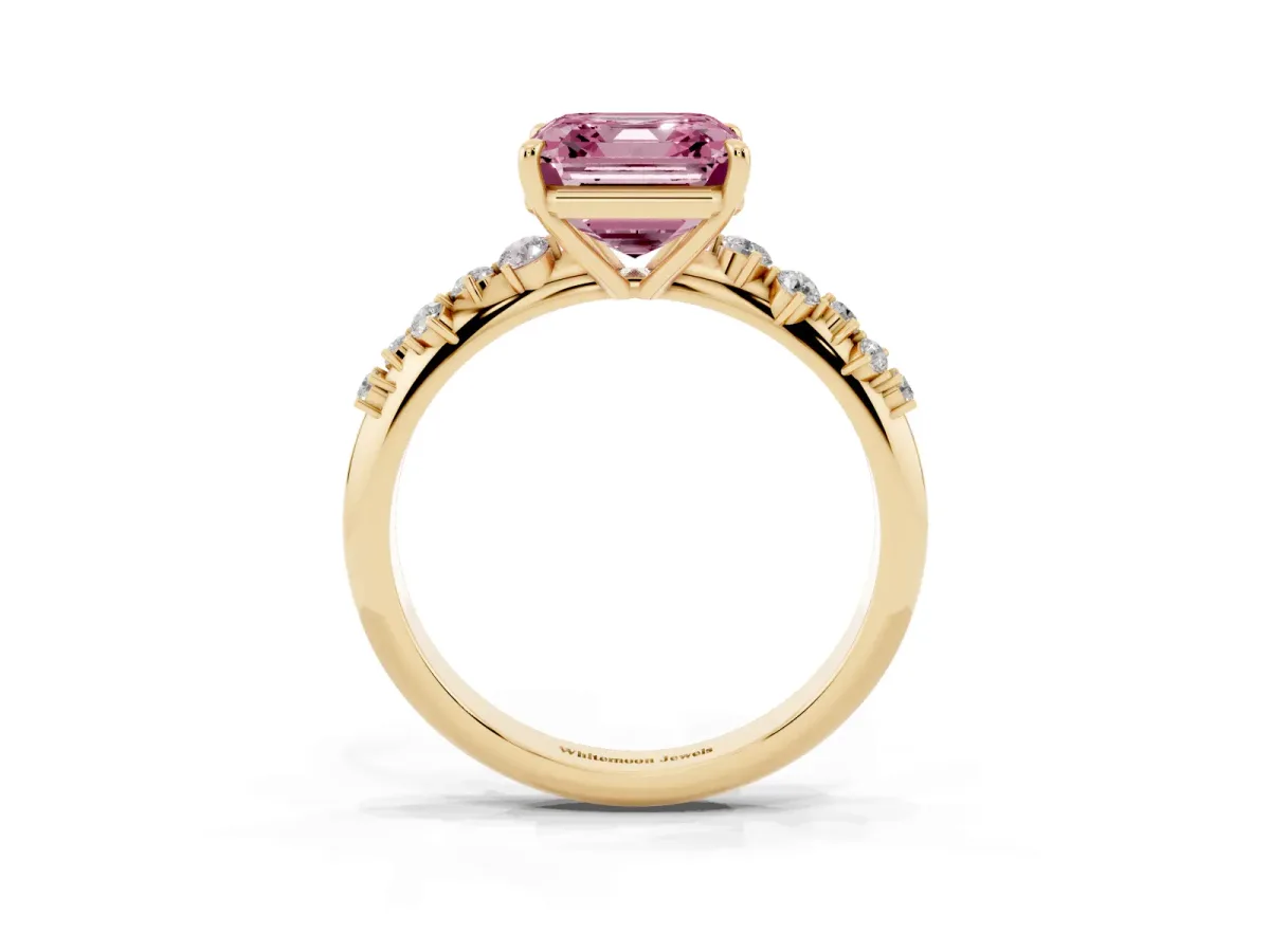 Fancy Pink Asscher Cut Diamond Cluster Side Stone Solitaire Ring with Prong Setting Yellow gold