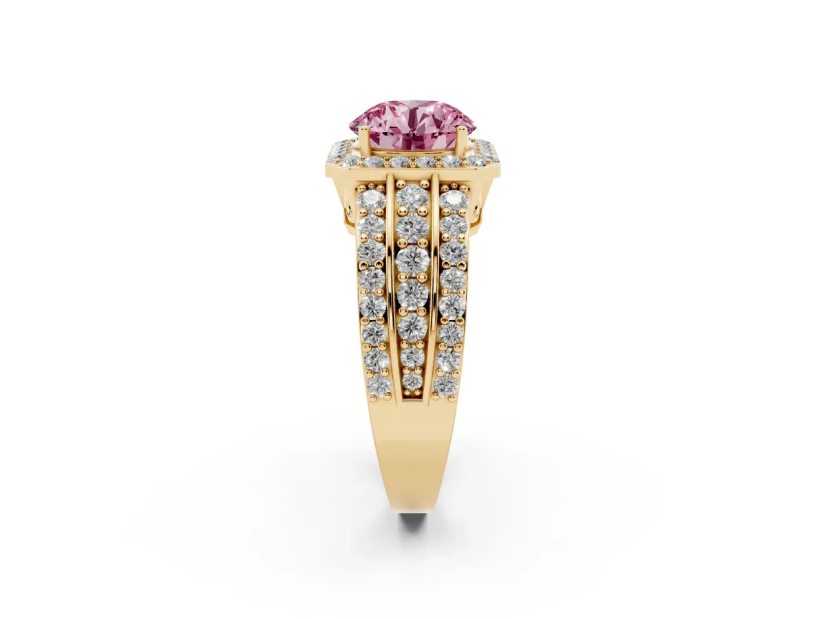Fancy Pink Round Cut Halo Diamond Ring with Round Split Shank and Prong Setting Yellow gold