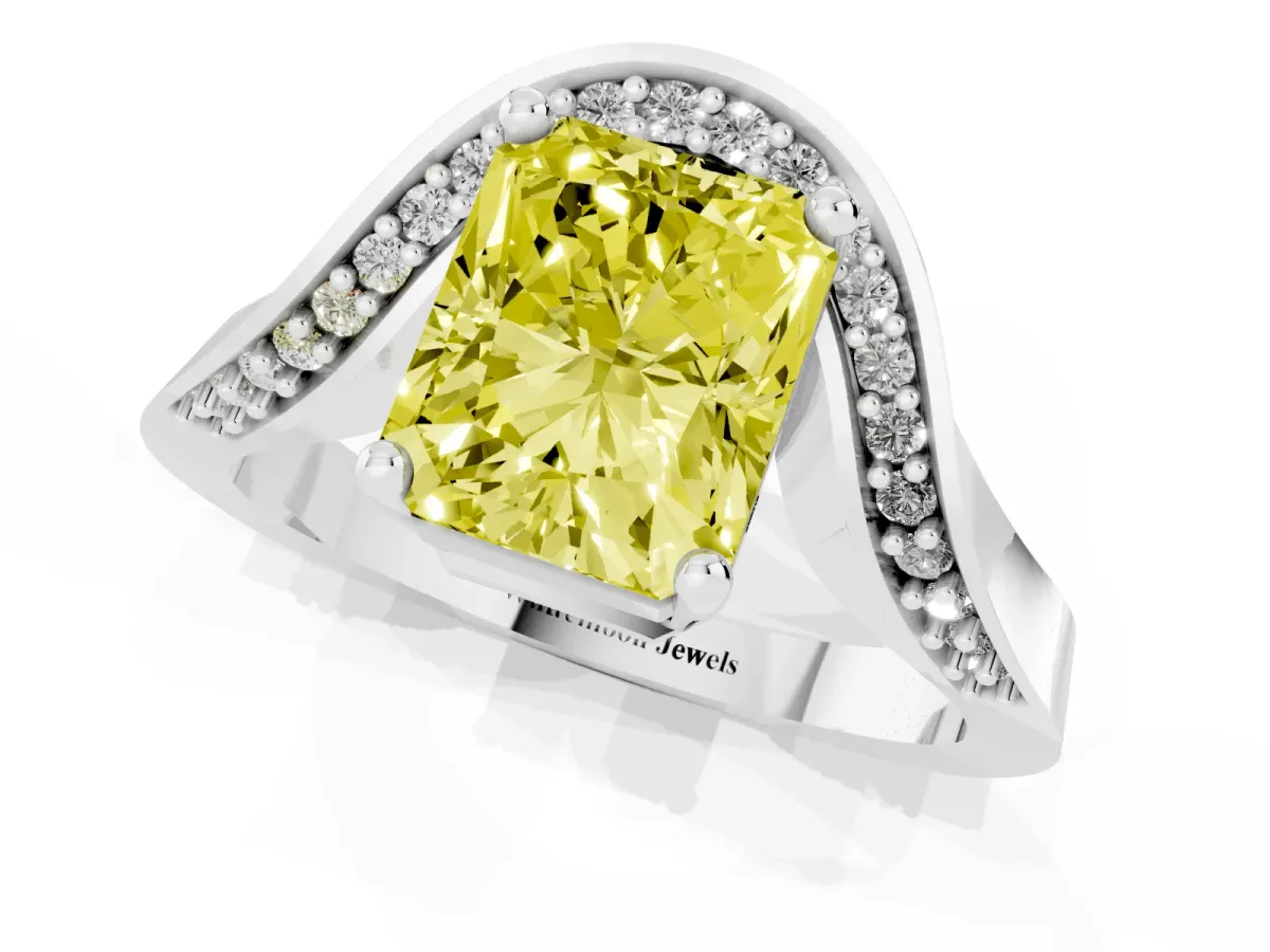Fancy Yellow Radiant Cut Solitaire Diamond Engagement Ring with Pave Band and Four-Prong Setting Silver