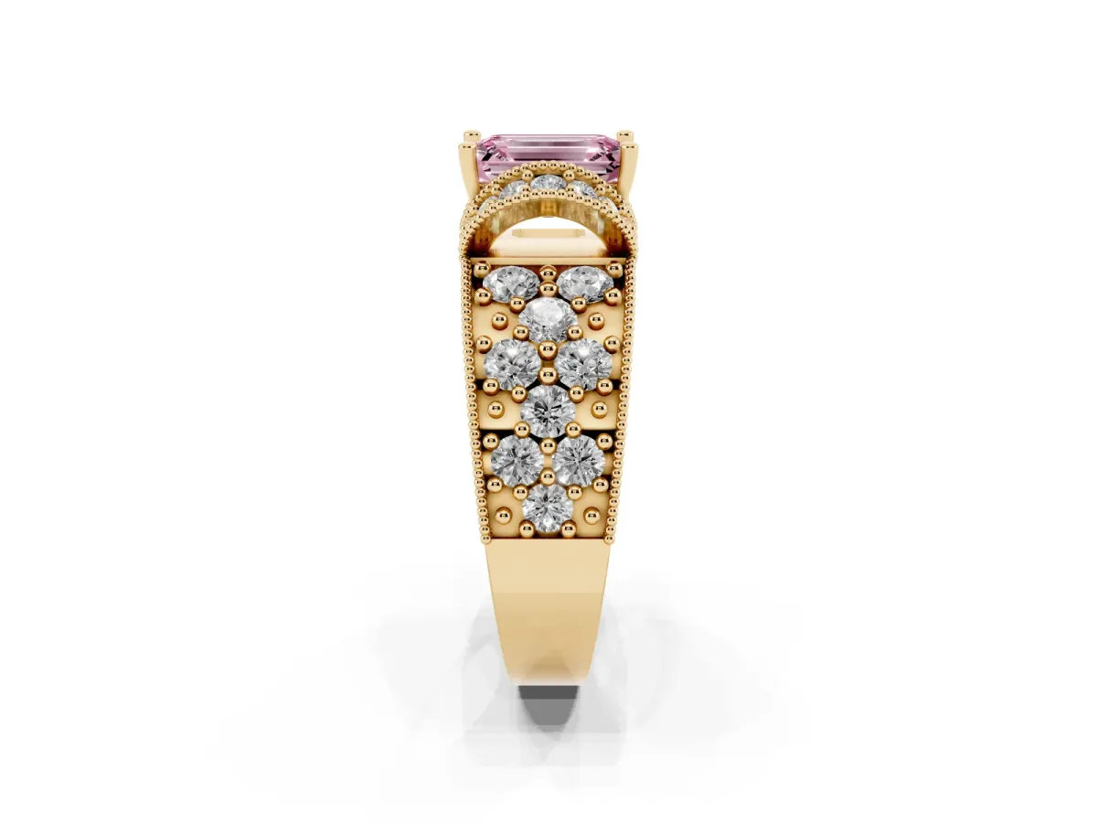 Fancy Pink Emerald Cut Halo Pave Diamond Engagement Ring with Milgrain Detailing Yellow gold