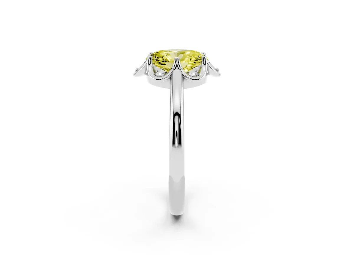 Fancy Yellow Oval Cut Halo Diamond Ring with Round Cluster Setting, Solitaire Band, and Four-Prong Setting Platinum