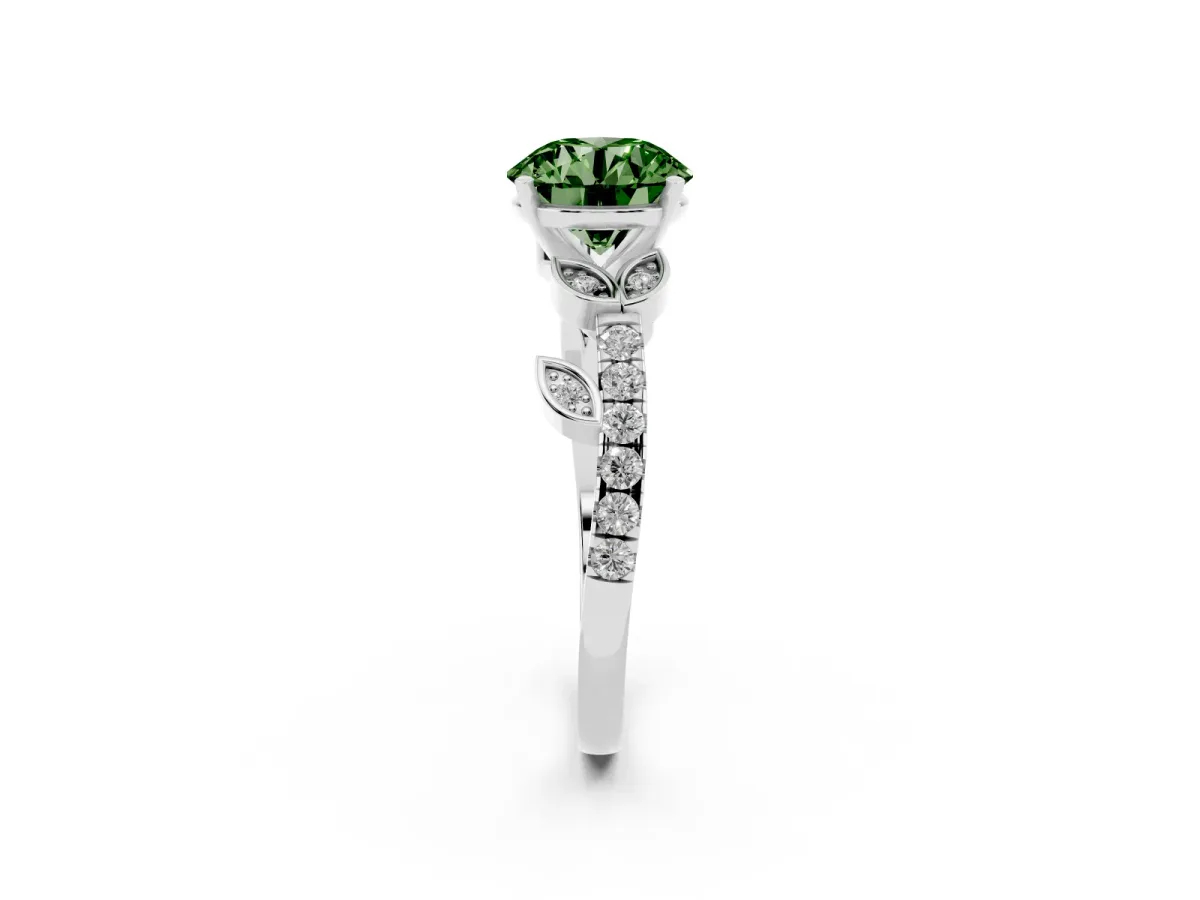 Fancy Green Round Cut Solitaire Leaf-Inspired Diamond Ring with Pavé Band and Four-Prong Setting Silver