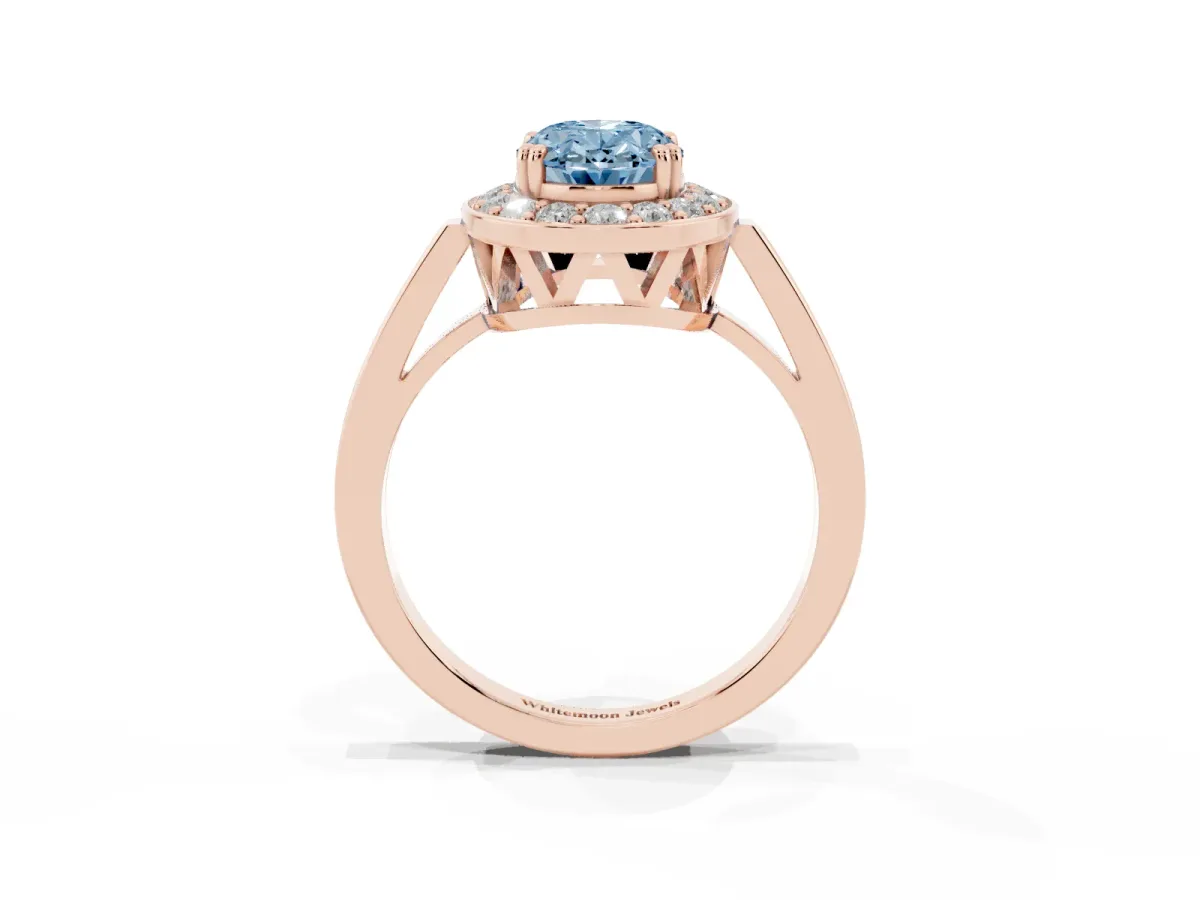 Fancy Blue Oval Cut Diamond Halo Ring with Split Shank and Four-Prong Setting Rose gold