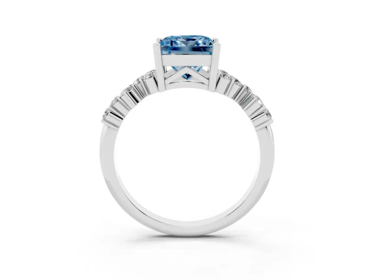 Fancy Blue Princess Cut Diamond Scattered Round Accent Ring with Prong Setting White gold