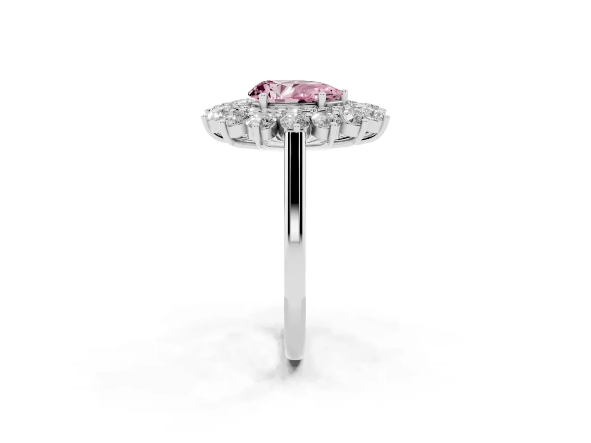 Fancy Pink Pear Cut Diamond Floral Double Halo Engagement Ring with Prong Setting Platinum