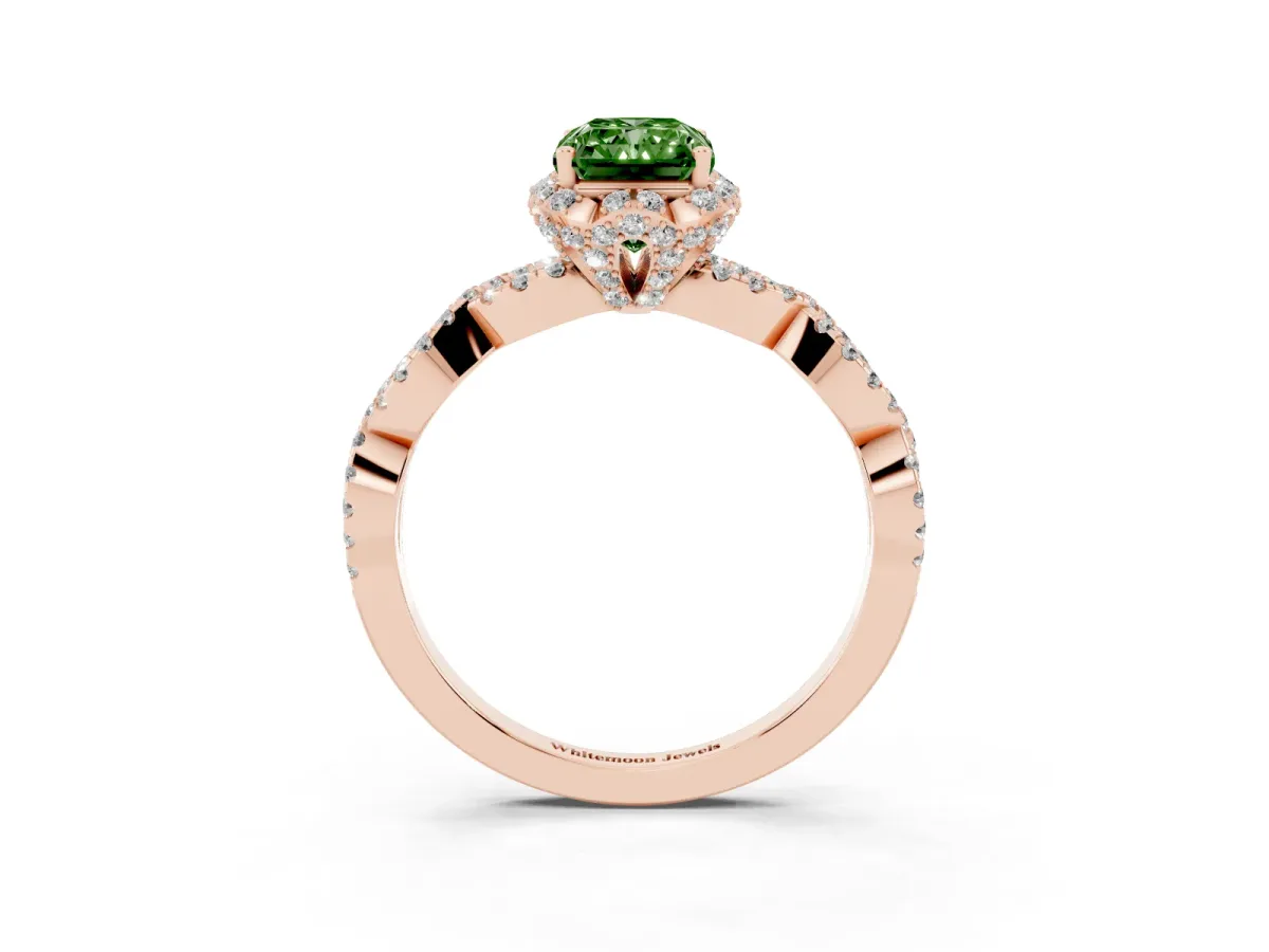 Fancy Green Radiant Cut Halo Twist Band Solitaire Ring with Six-Prong Setting Rose gold