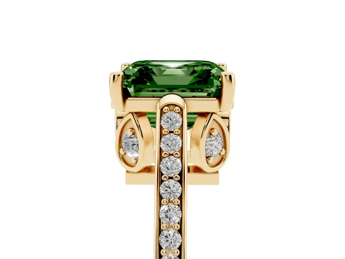 Fancy Green Asscher Cut Cut Cathedral Pave Diamond Engagement Ring with Six-Prong Setting Yellow gold