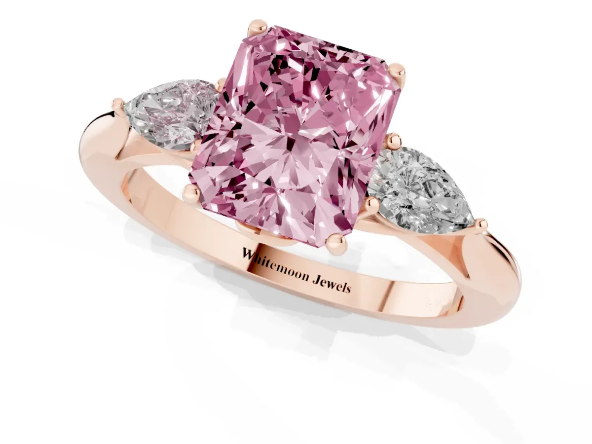 Fancy Pink Three-Stone Radiant Cut Brilliant Diamond Solitaire Ring with Tapered Band and Four-Prong Setting Rose gold