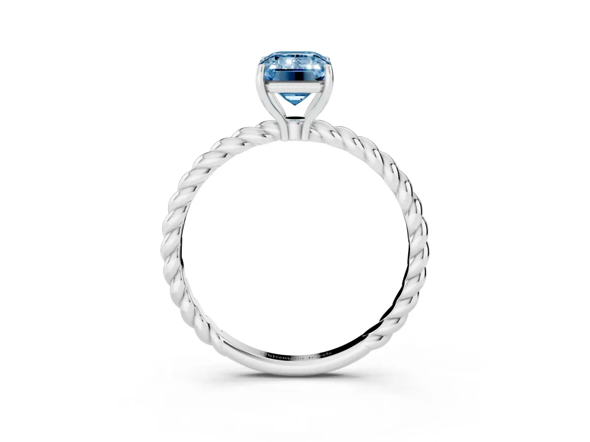 Fancy Blue Emerald Cut Solitaire Twist Band Ring with Four-Prong Setting Platinum