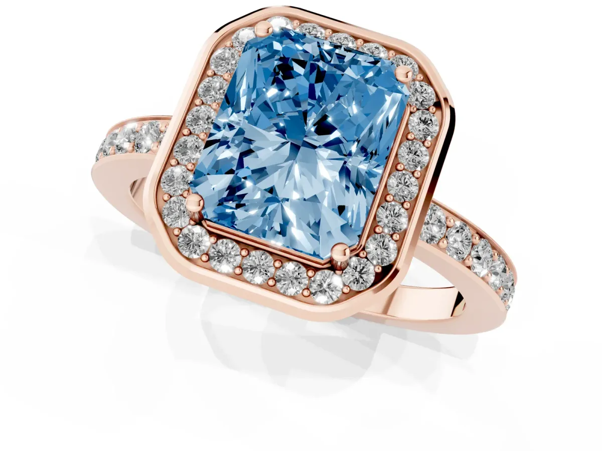 Fancy Blue Radiant Cut Diamond Halo Ring with Bezel Frame and Pavé Band Rose gold