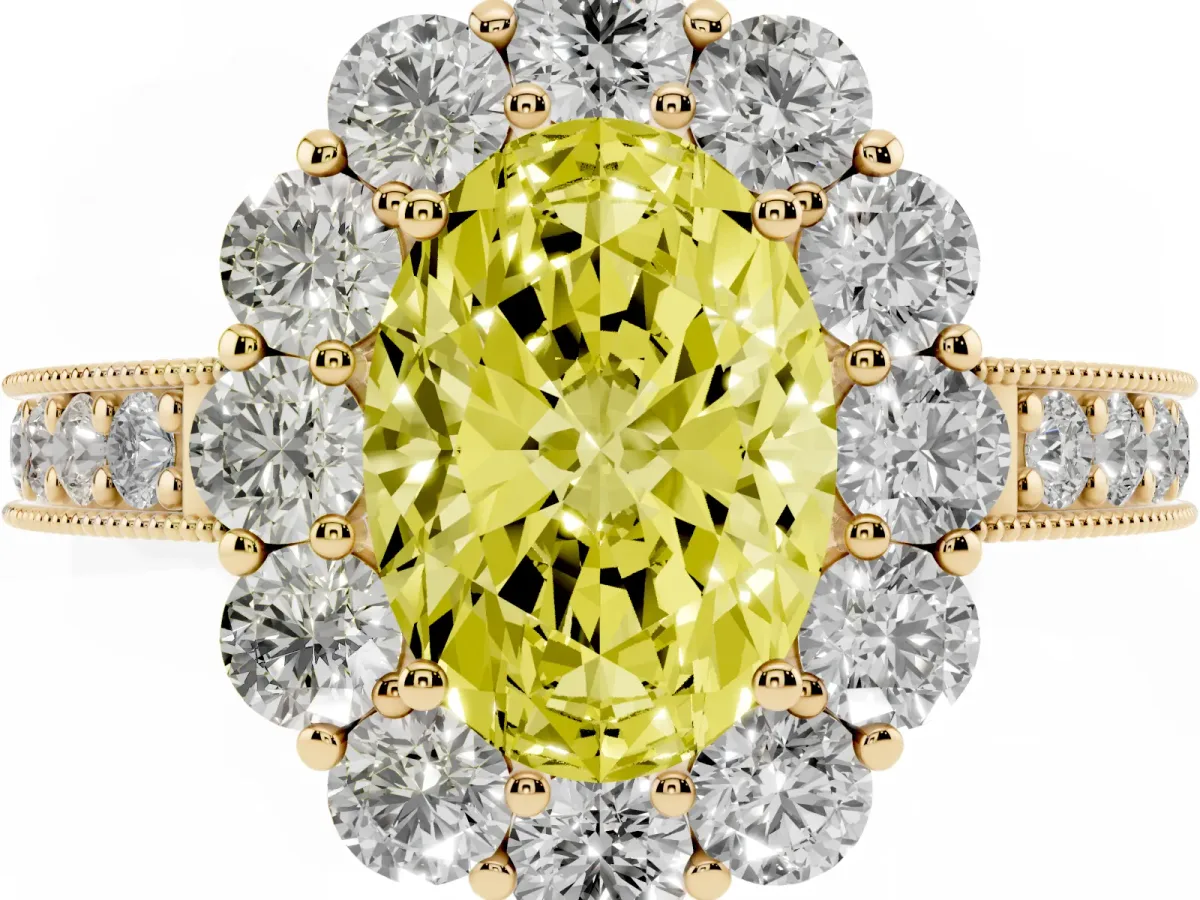 Fancy Yellow Oval Cut Cut Halo Diamond Pavé Engagement Ring with Milgrain Detailing Yellow gold