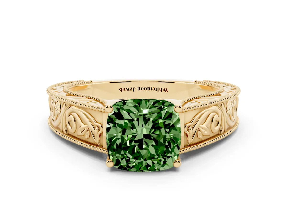 Fancy Green Cushion Cut Diamond Solitaire Ring with Engraved Band and Four-Prong Setting Yellow gold