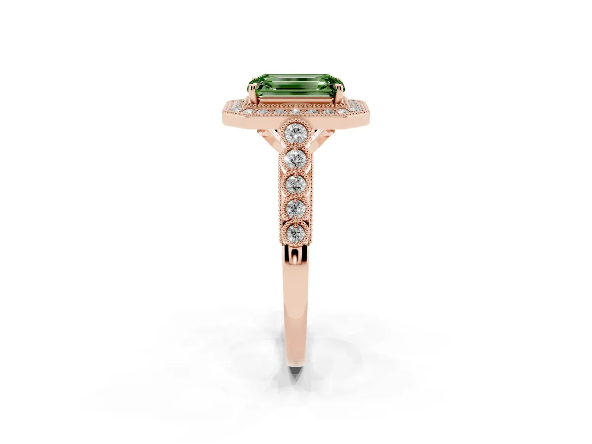 Fancy Green Emerald Cut Halo Milgrain Solitaire with Bezel Set Side Stones and Pave Band Rose gold