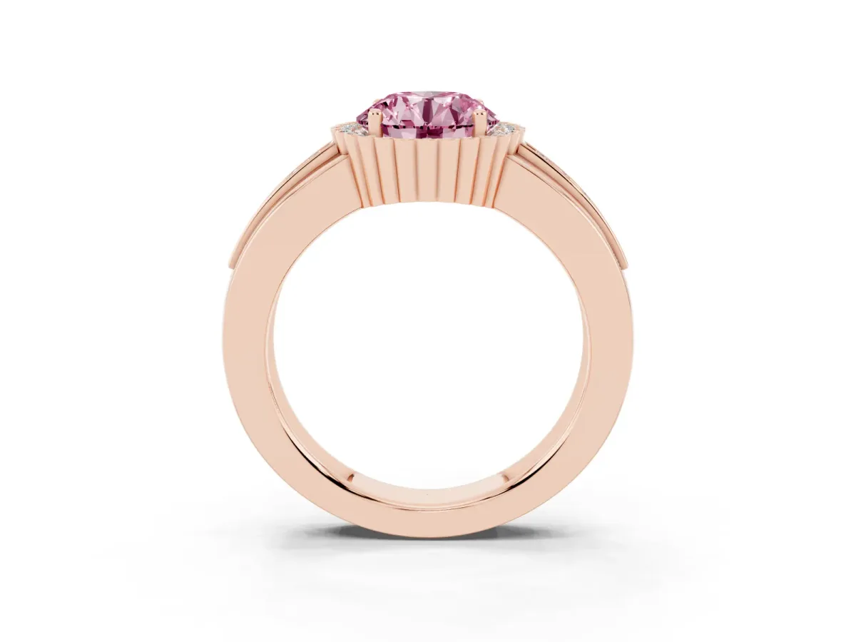 Fancy Pink Round Cut Cut Halo Pave Band Four-Prong Ring Rose gold
