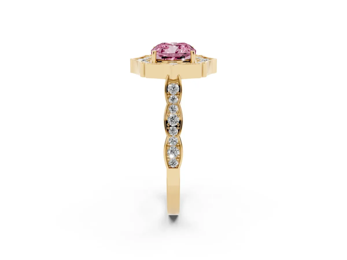 Fancy Pink Cushion Cut Halo Diamond Engagement Ring with Milgrain Band and Four-Prong Setting Yellow gold