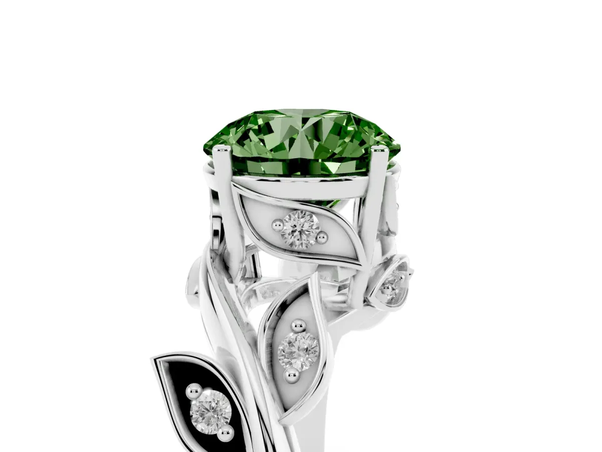 Fancy Green Round Cut Solitaire Twist Engagement Ring with Leaf Accents and Prong Setting Silver