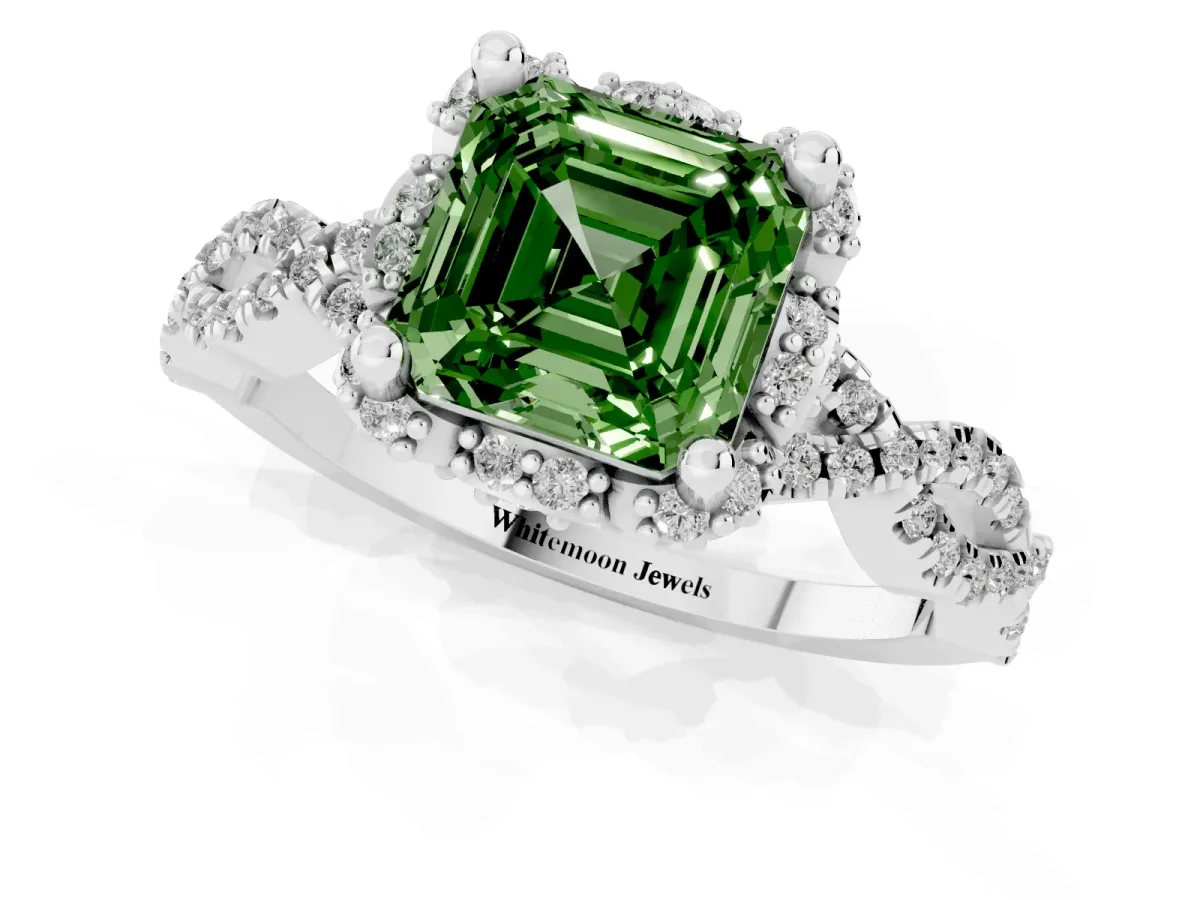 Fancy Green Asscher Cut Halo Twist Band Solitaire Ring with Six-Prong Setting Silver