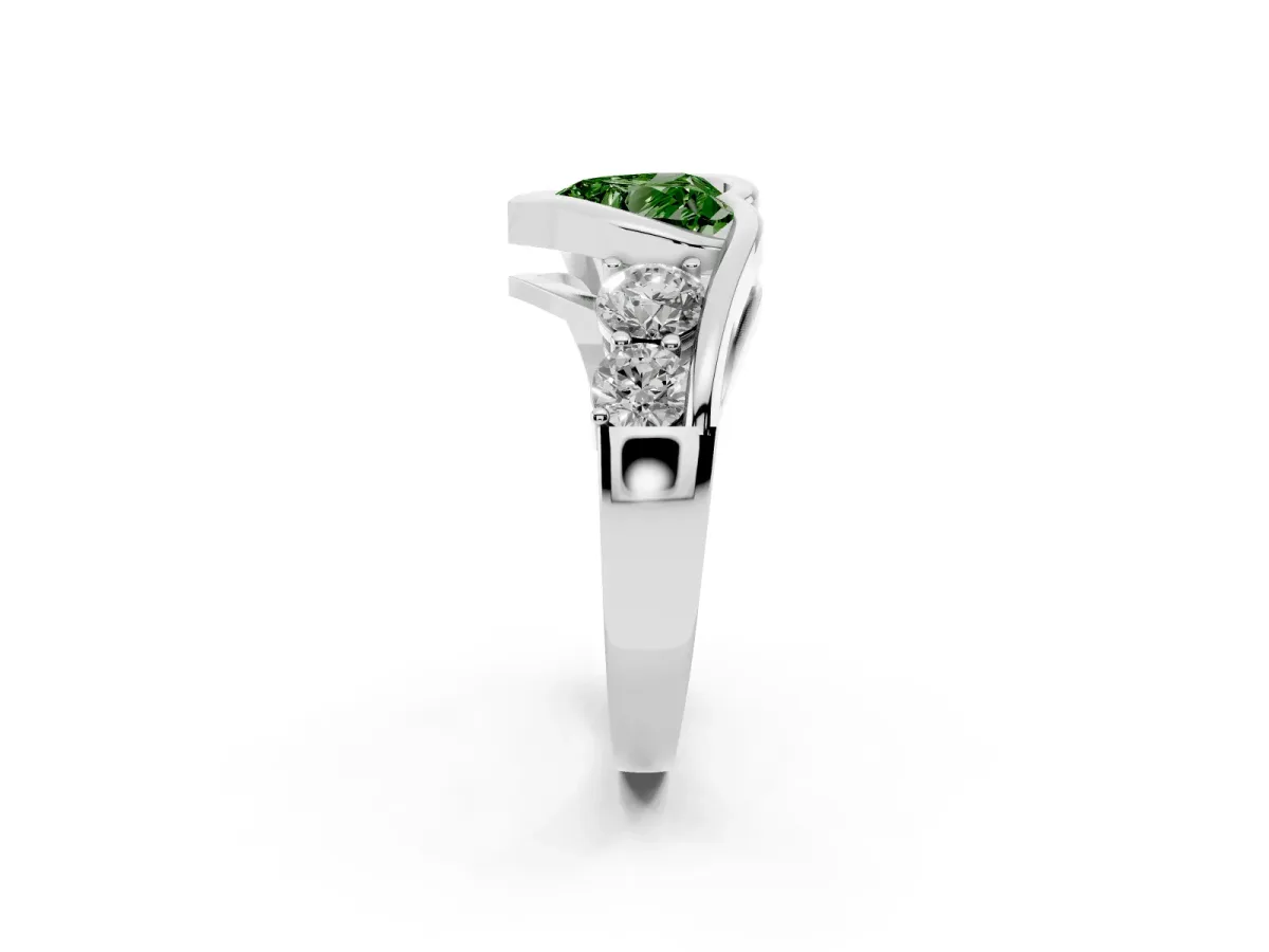 Fancy Green Bezel Set Heart Cut Diamond Bypass Ring with Round Accents Silver