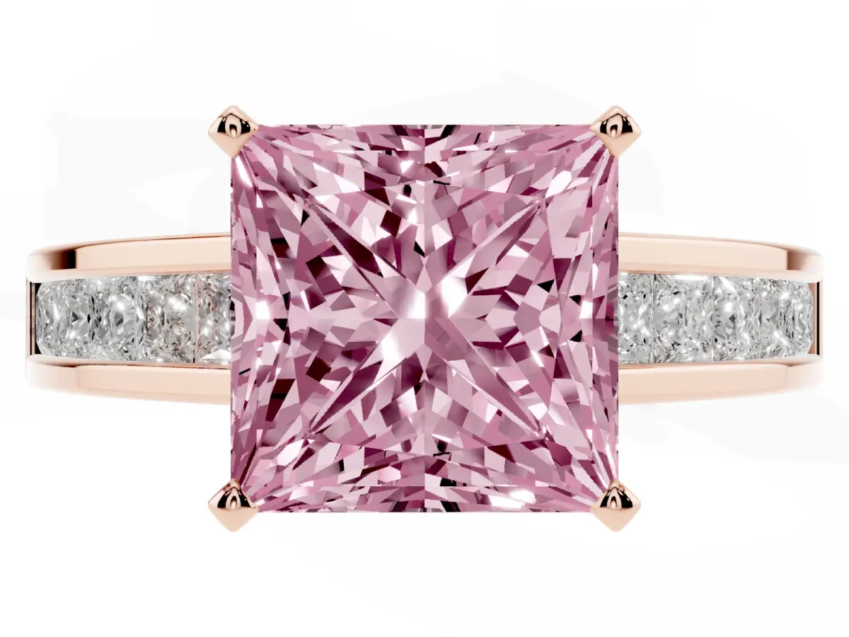 Fancy Pink Princess Cut Solitaire Diamond Ring with Channel-Set Band and Four-Prong Setting Rose gold