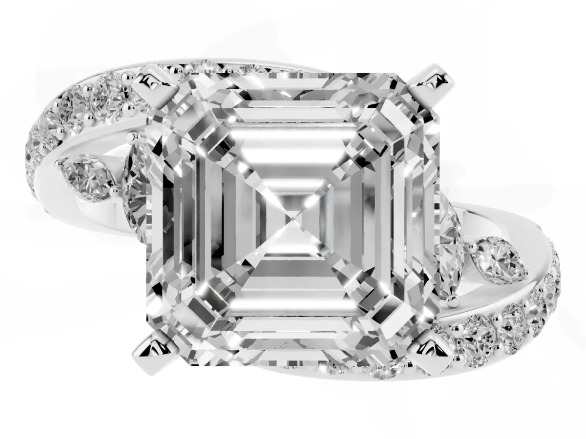 Asscher Cut Solitaire with Pavé Twist Band and Four-Prong Setting Silver