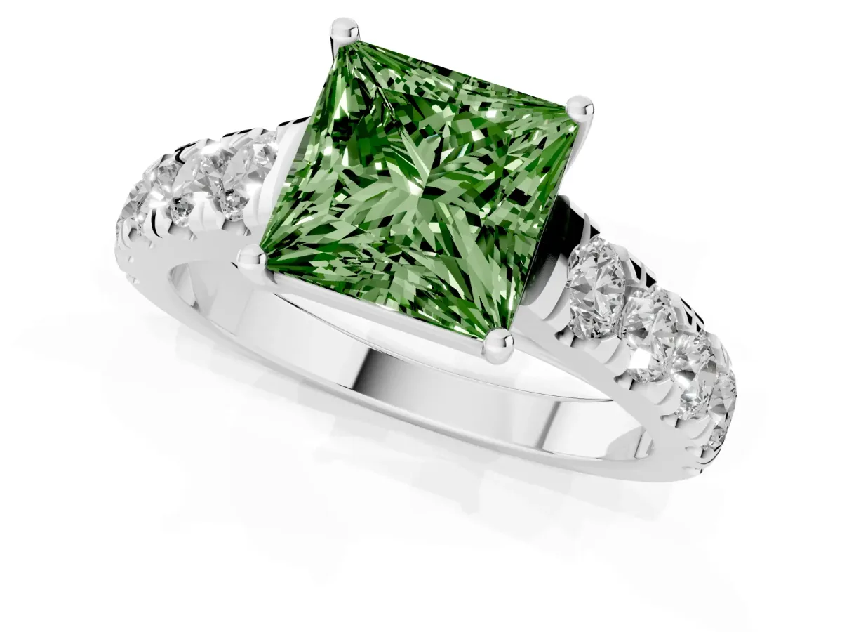 Fancy Green Princess Cut Cut Diamond Solitaire Ring with Micro Pave Band and Prong Setting Silver