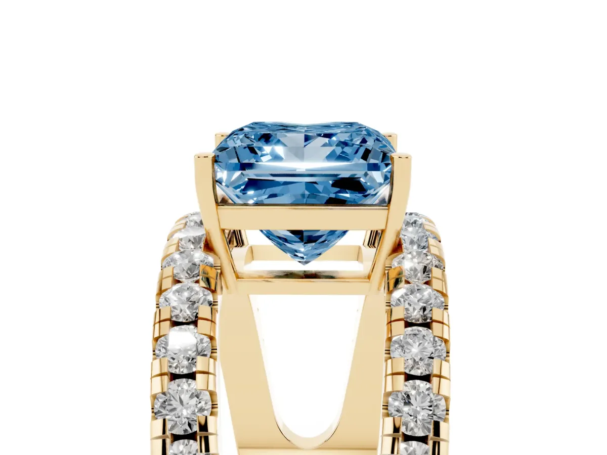 Fancy Blue Princess Cut Solitaire Split Shank Pave Diamond Ring Yellow gold