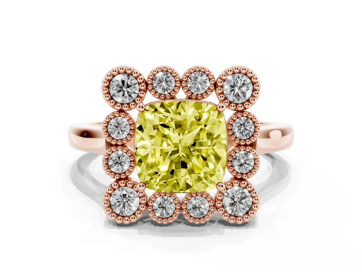 Fancy Yellow Cushion Cut Halo Diamond Cluster Engagement Ring with Milgrain Bezel Setting and Solitaire Band Rose gold