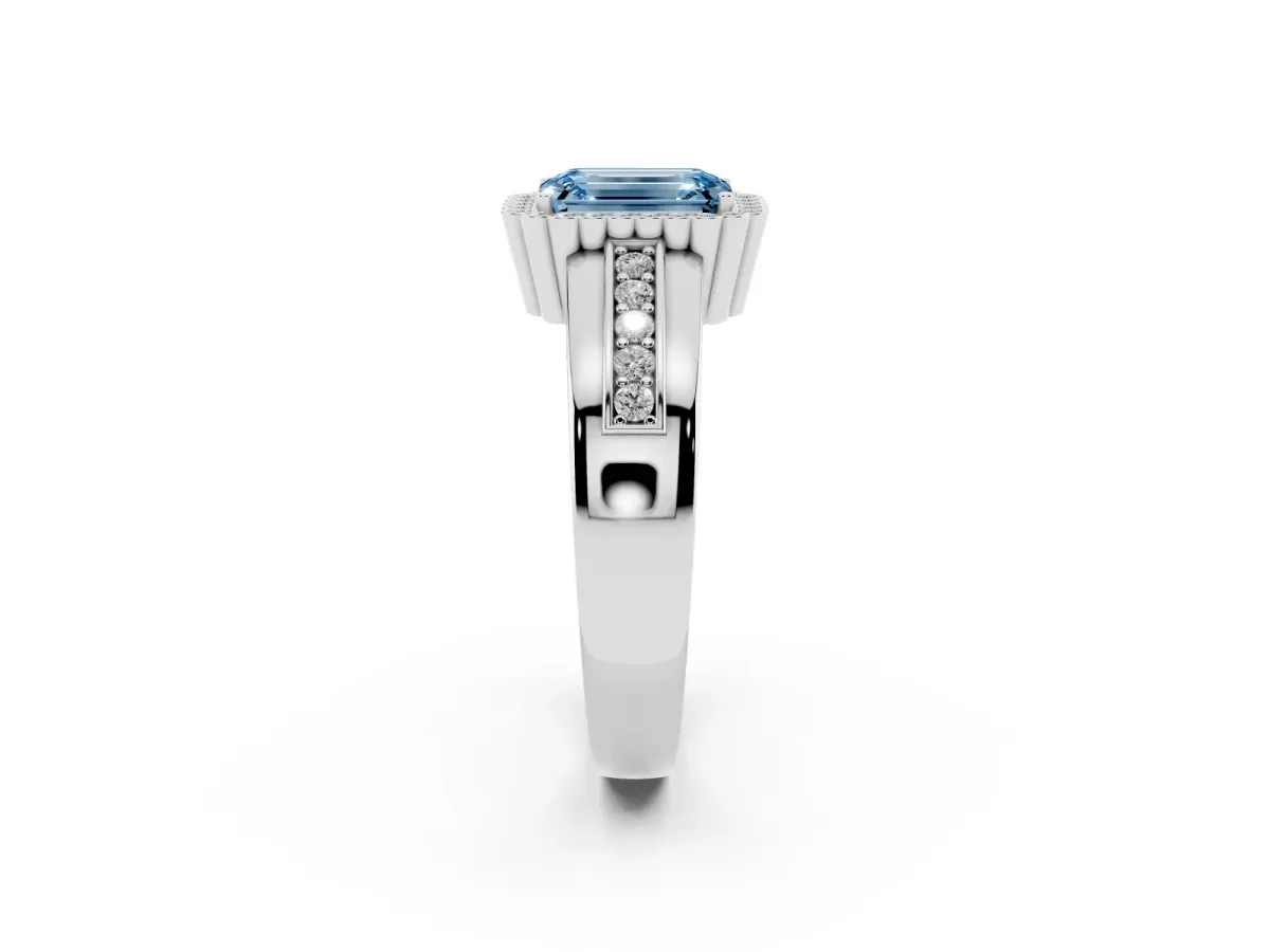 Fancy Blue Emerald Cut Cut Halo Pave Band Four-Prong Ring Silver
