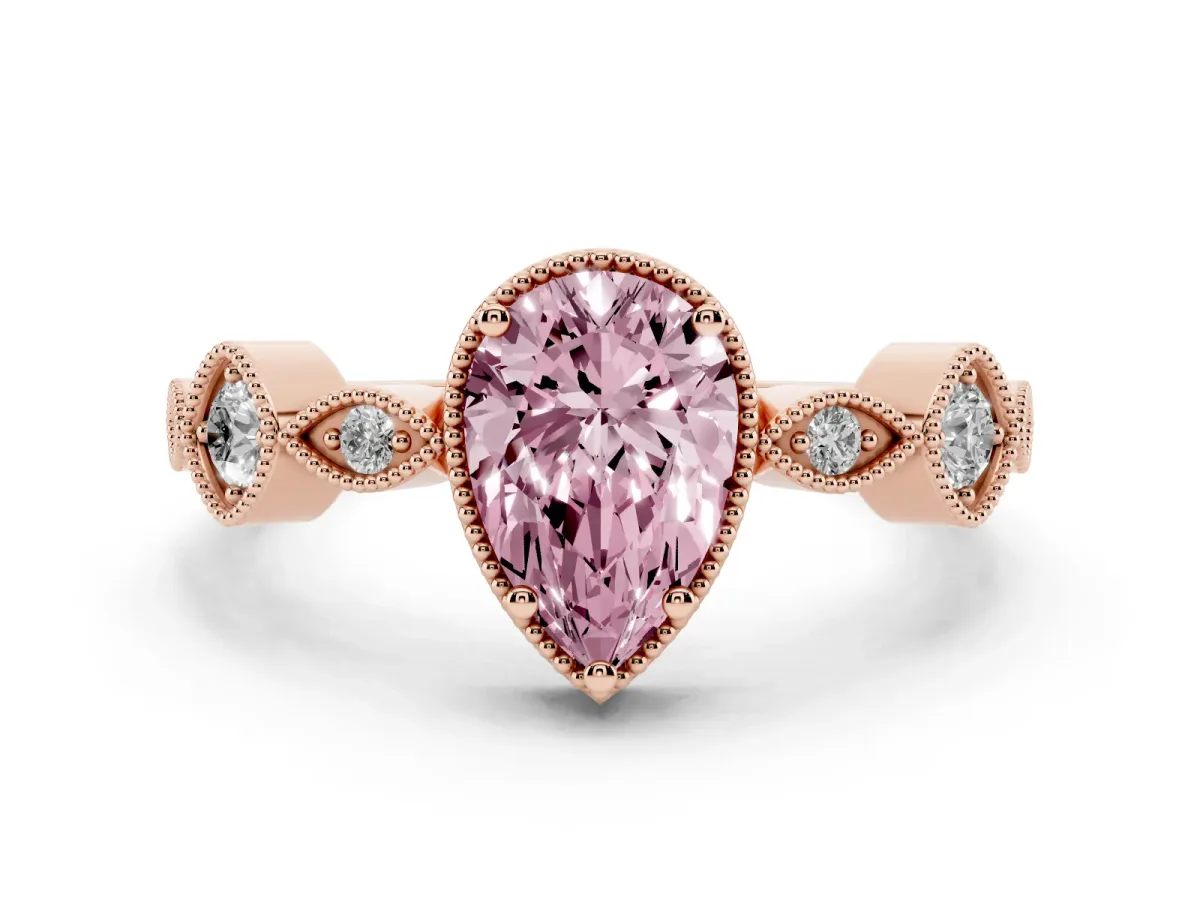 Fancy Pink Pear Cut Diamond Vintage Milgrain Ring with Round Stations Rose gold