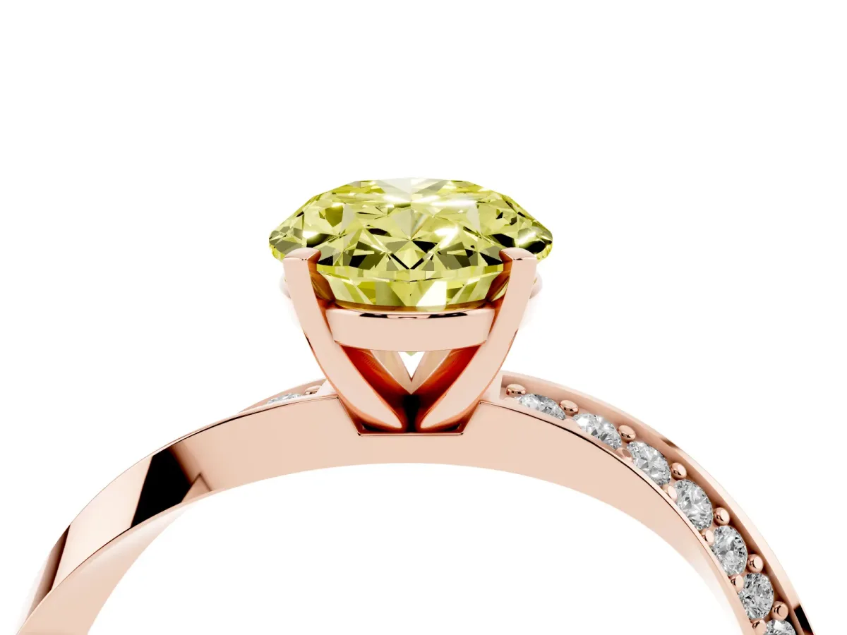 Fancy Yellow Oval Cut Diamond Engagement Ring with Side Stone Accents and Four-Prong Setting Rose gold
