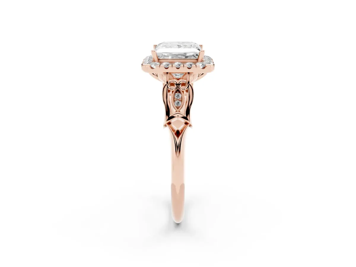 Princess Cut Halo Diamond Engagement Ring with Filigree Band and Four-Prong Setting Rose gold