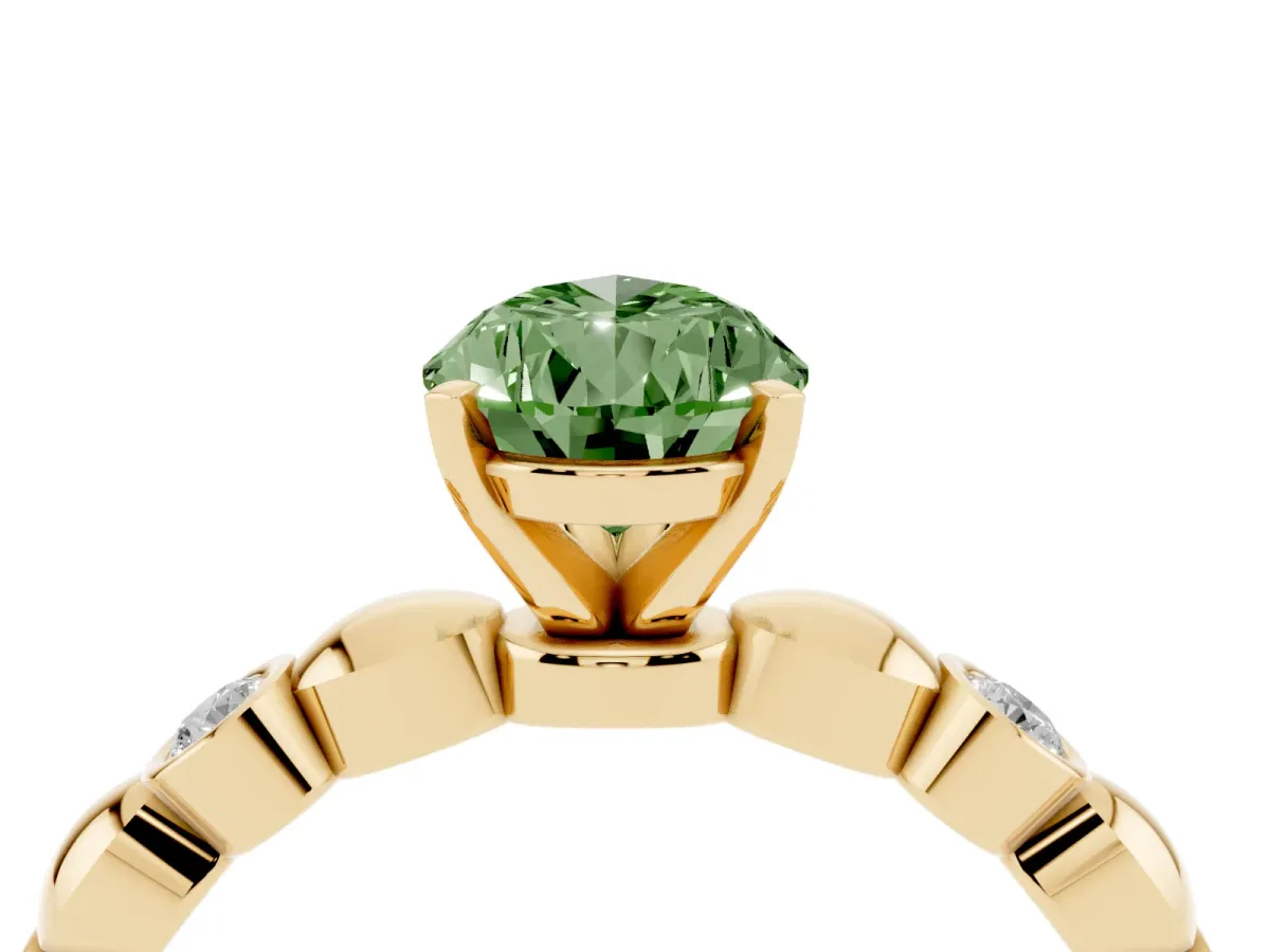 Fancy Green Pear Cut Solitaire Bezel-Set Diamond Ring with Beaded Band and Four-Prong Setting Yellow gold