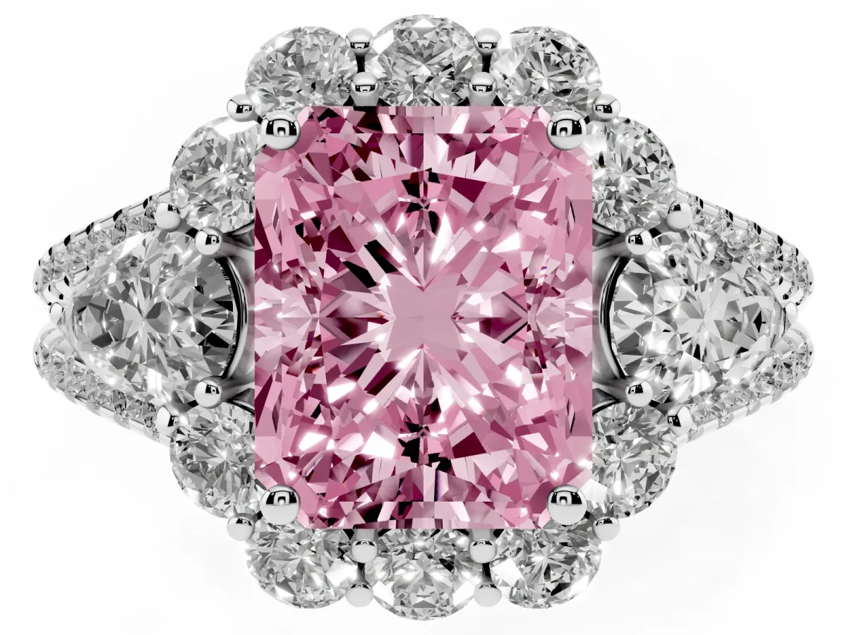 Fancy Pink Radiant Cut Halo Split Shank Diamond Engagement Ring with Prong Setting Silver