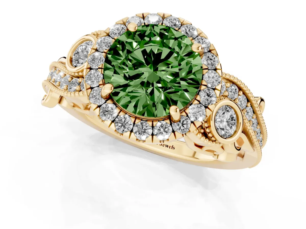 Fancy Green Round Cut Halo Diamond Ring with Milgrain and Bezel Accents on a Split Shank Band Yellow gold