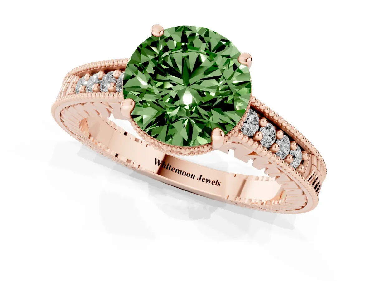 Fancy Green Round Cut Solitaire Pavé Diamond Milgrain Engagement Ring with Four-Prong Setting Rose gold