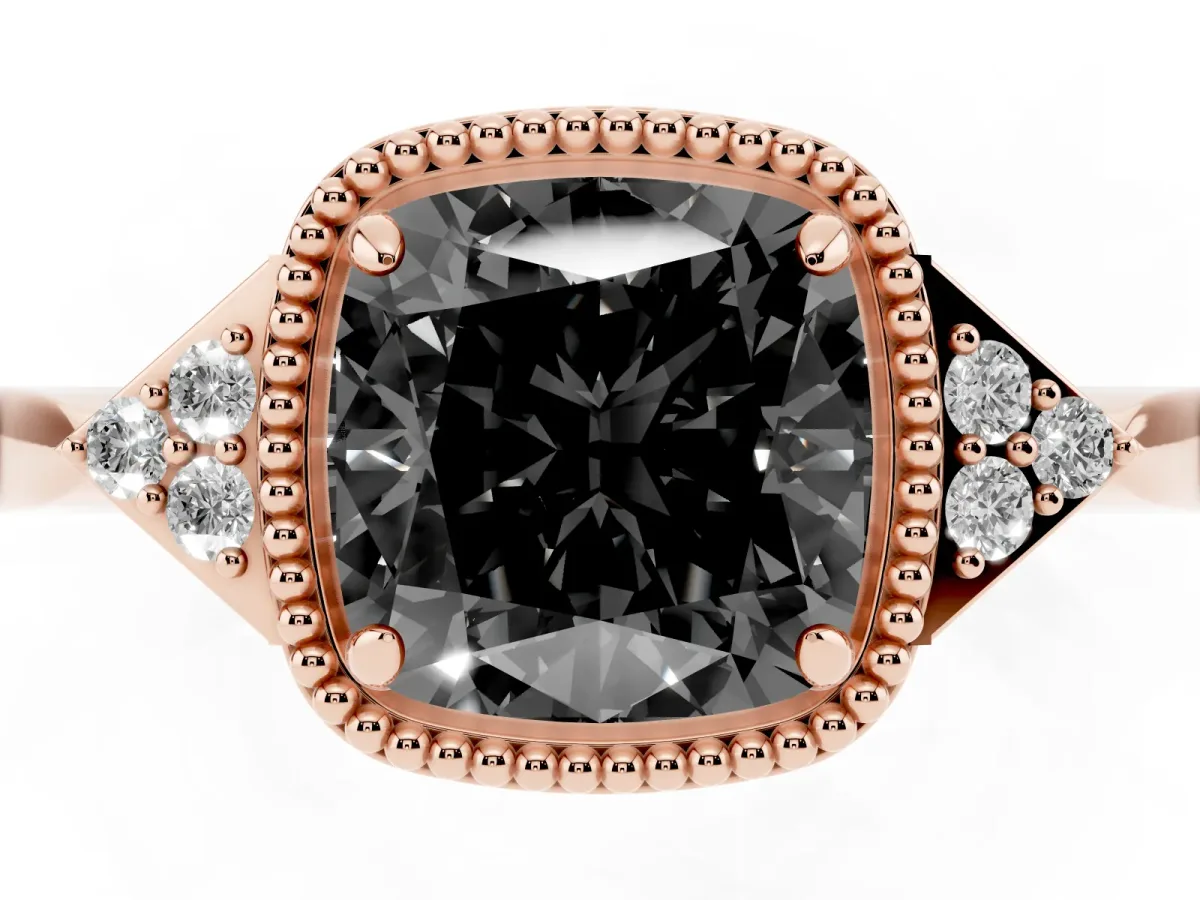 Fancy Black Hexagonal Halo Cushion Cut Diamond Solitaire with Pavé Band and Four-Prong Setting Rose gold