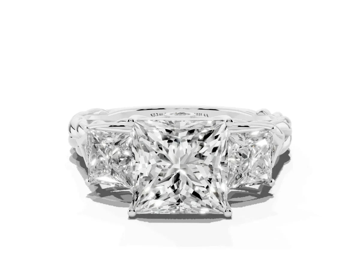 Three-Stone Princess Cut Diamond Braided Band Ring with Four-Prong Setting Platinum