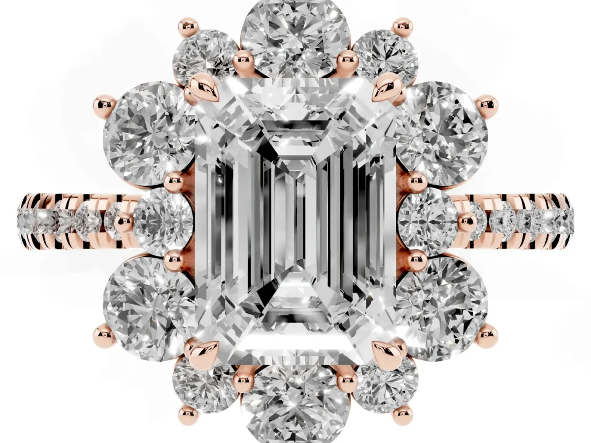 Emerald Cut Diamond Floral Halo Ring with Round Pavé Band and Prong Setting Rose gold