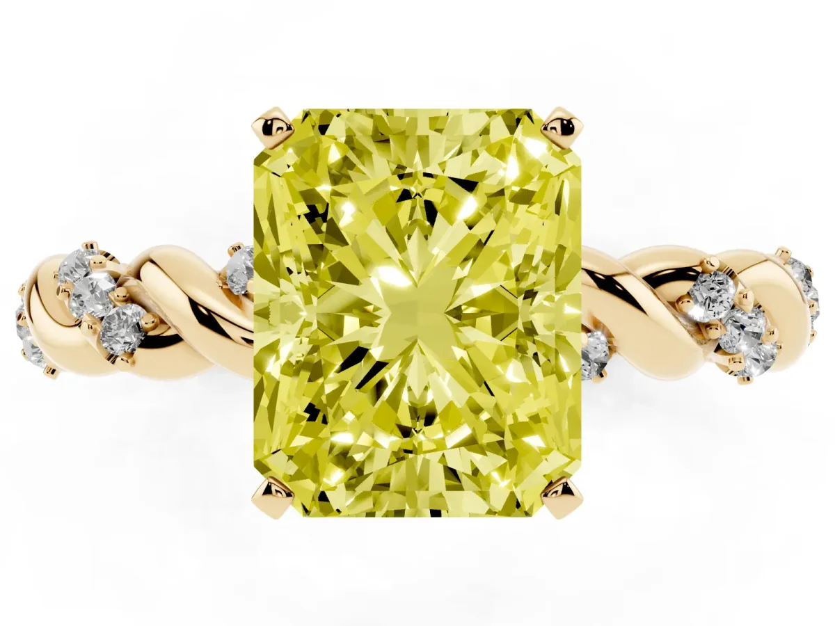 Fancy Yellow Radiant Cut Diamond Solitaire Ring with Twisted Band and Pavé Accents Yellow gold