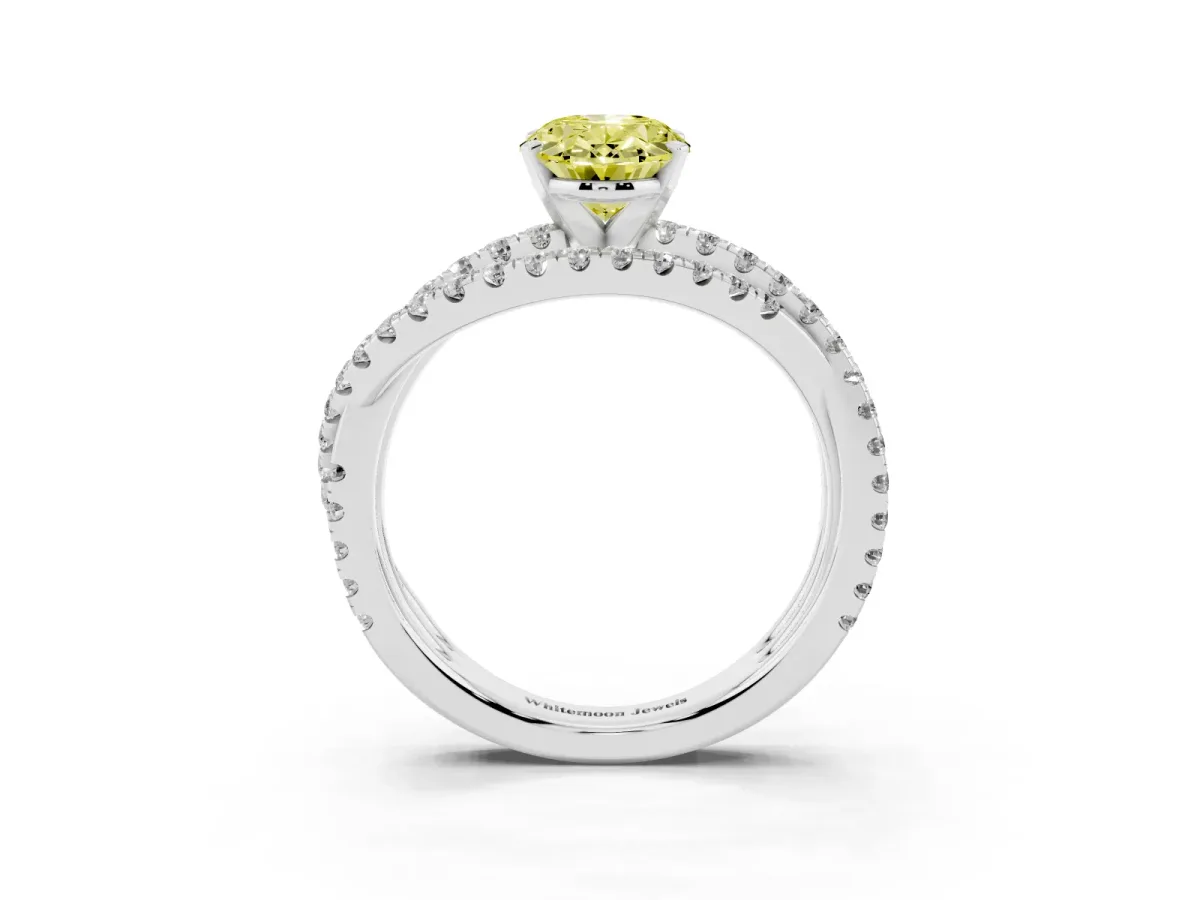 Fancy Yellow Oval Cut Solitaire Twist Band with Pavé Setting and Four-Prong Setting Silver