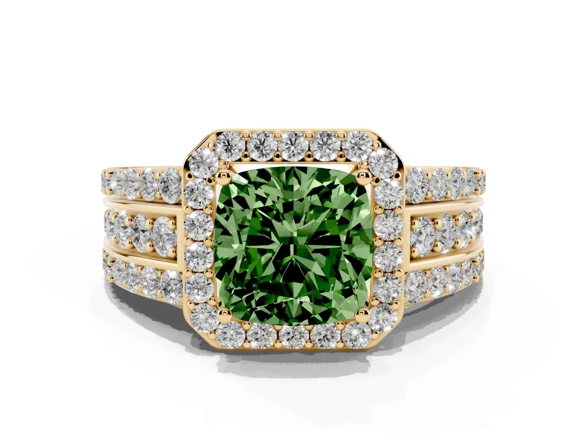 Fancy Green Cushion Cut Halo Diamond Ring with Round Split Shank and Prong Setting Yellow gold