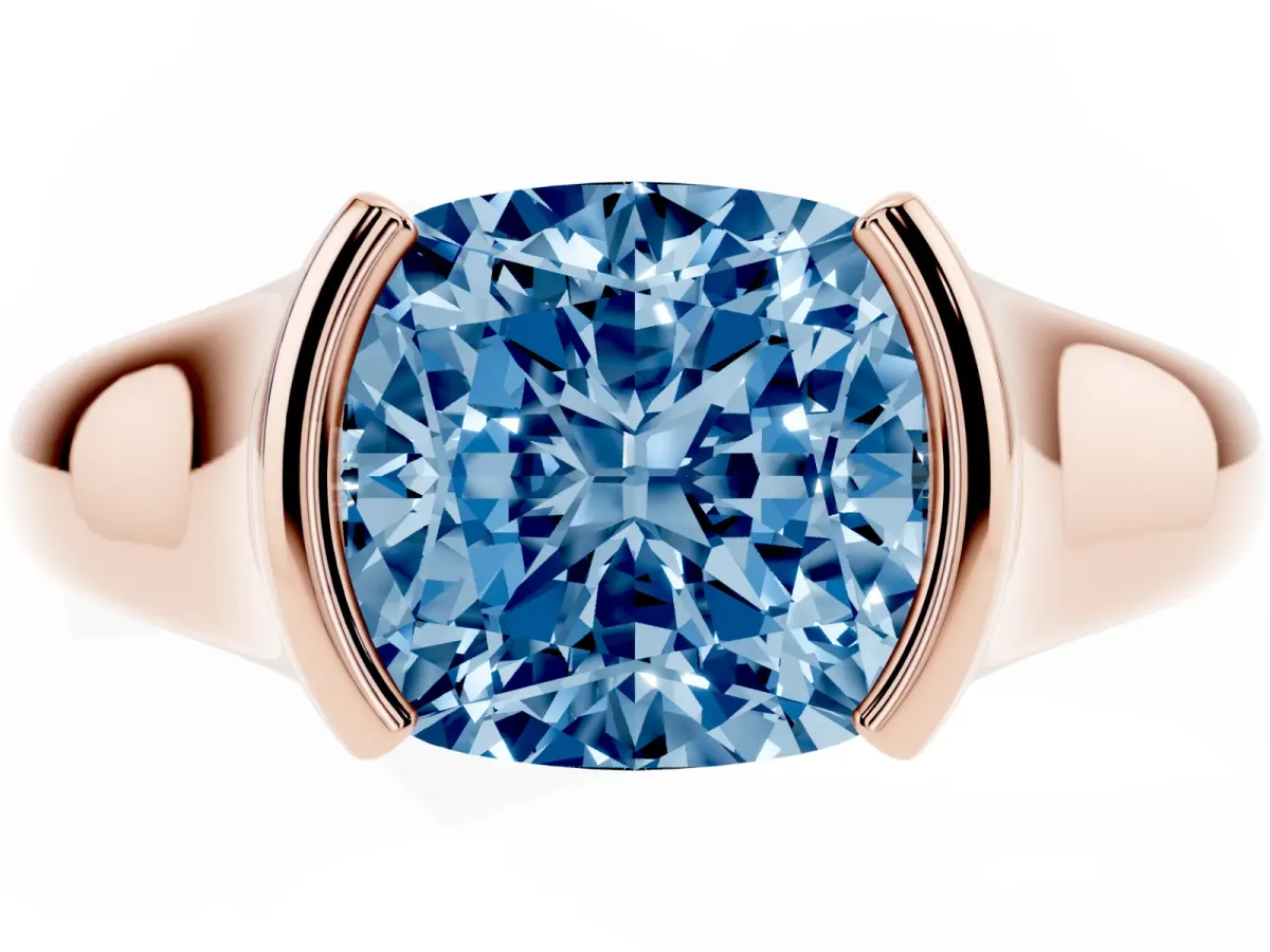 Fancy Blue Cushion Cut Solitaire Tension Set Diamond Ring with Split Shank Band Rose gold